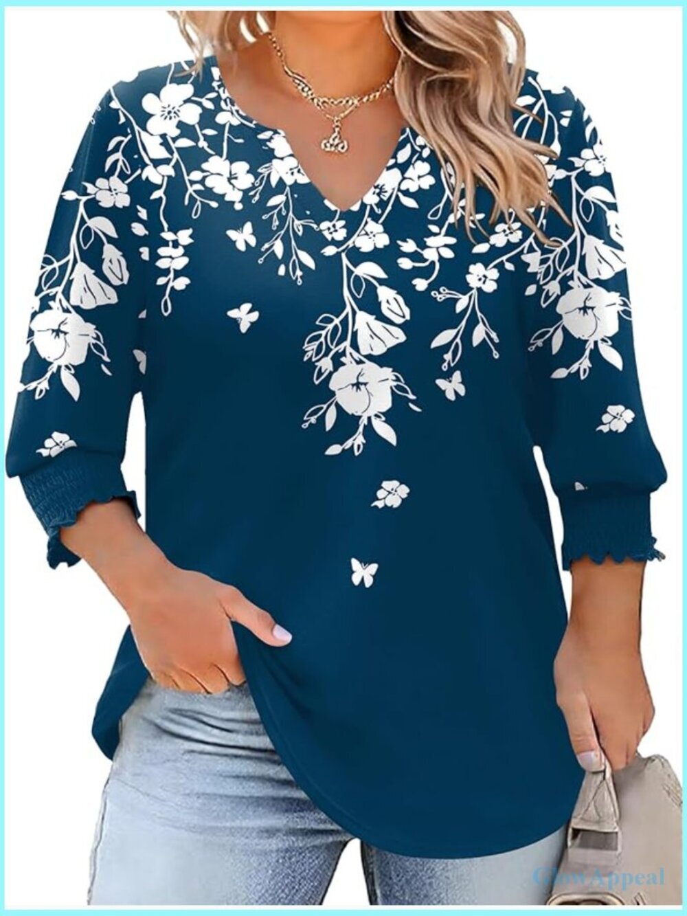 Plus Size 3/4 Sleeve V Neck Tunic Tops Blouses Loose Fit Stretchable